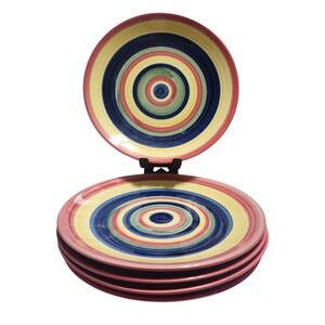 Set of 4 Swirl Hand Painted Collection 9in Salad Plates Multi Color Rings Retro